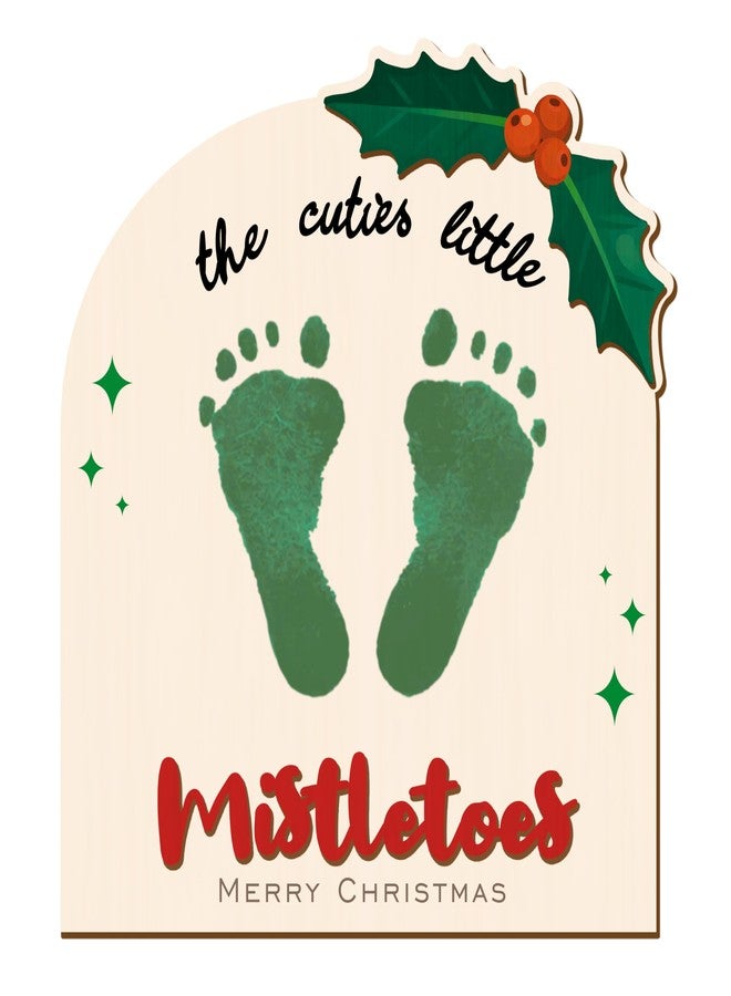 Aukolass Baby's First Christmas Footprint Art Sign, Cutest Little Mistletoes Sign Wooden Milestone Keepsake for Newborn Photo Prop Baby Shower and Christmas Gift (Mistletoes) - Image 1